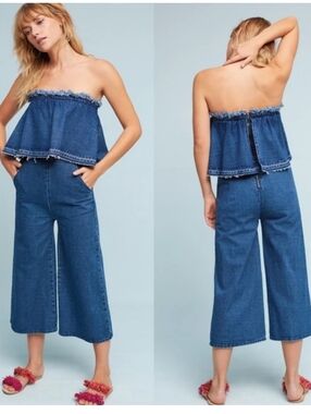 Anthropologie Hei Hei Strapless Tiered Cropped Wide-Leg Denim Jumpsuit Size XS